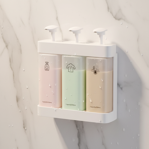 Distributeur de savon dans une douche avec icônes